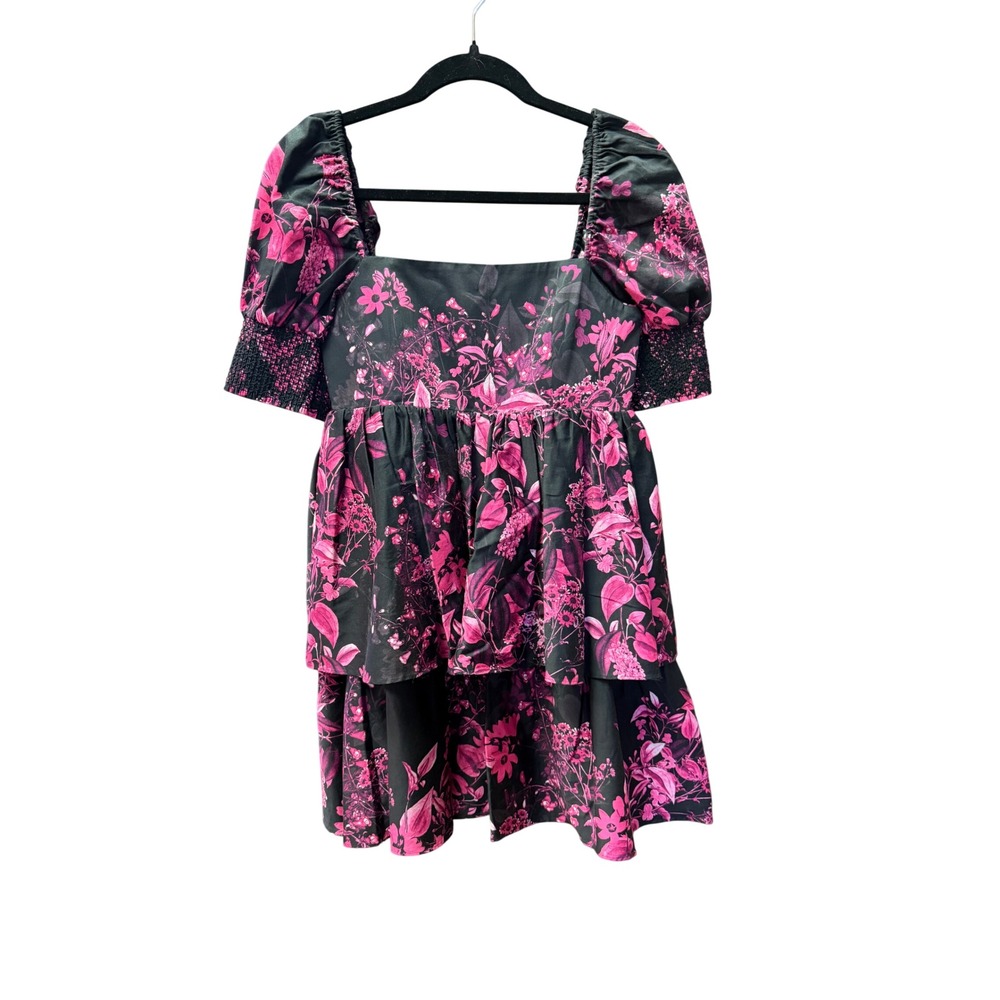 Alice + Olivia Black Pink Floral Puff Sleeve Tiered Square Neck Size 2